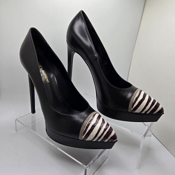 YSL Janis Pumps Pointed Cap Toes Zebra Pattern Snakeskin Calf Leather Black 40 - Picture 10 of 14